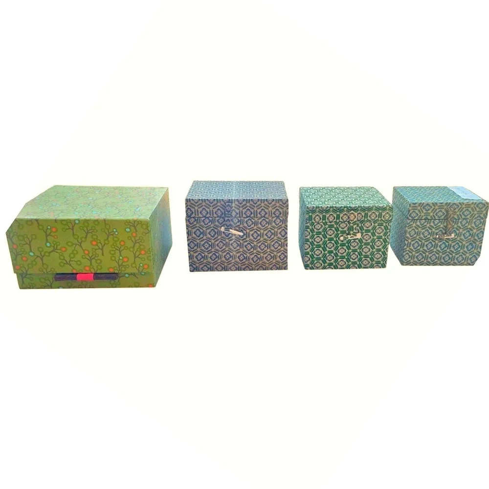 4 Vintage chinese cloisonne tea or writing gift boxes green blue asian fabric